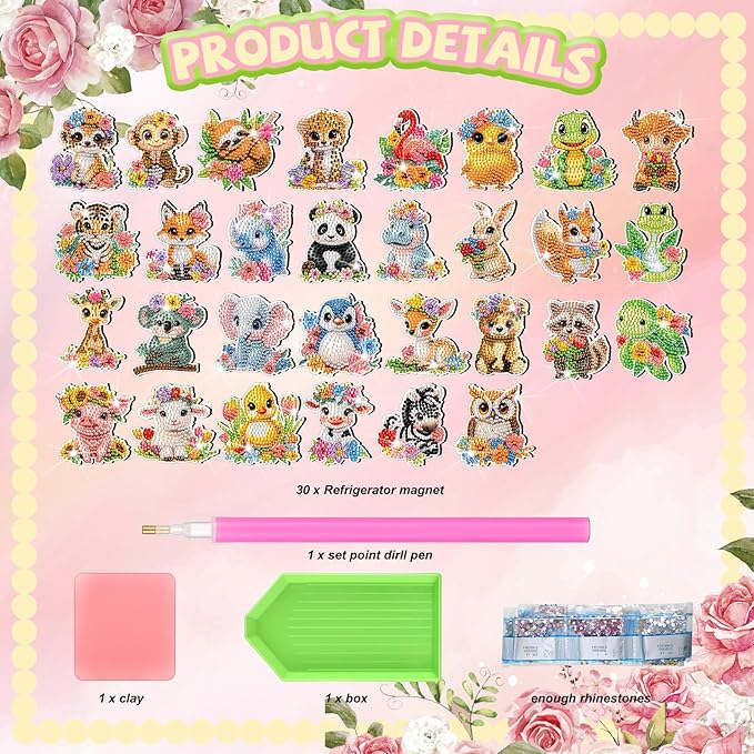 Xuhal 30 Pcs Spring Animal Diamond Painting Magnets Watercolor Flower Animal Diamond Art Magnet Kits for Adults 5D Rhinestone Elephant Tiger Refrigerator Magnetic Sticker for DIY Crafts Fridge Gifts