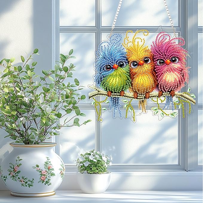 TOSTOG Diamond Art Hanging Kits for Adults, DIY Acrylic Diamond Paintings for Adults Window Pendant, Diamond Art Kits Bird, 5D Diamond Paintings Hanging Pendant Kit Gem Painting Wall Decor and Gift