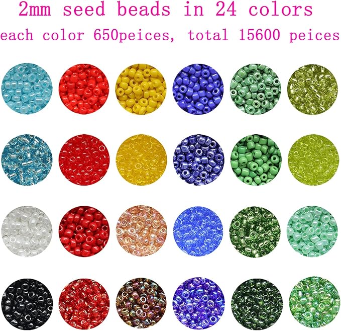 19600pcs 2mm Glass Seed Beads 24 Colors Small Beads Kit Bracelet Beads with 24-Grid Plastic Storage Box for Jewelry Making(24 Colors)