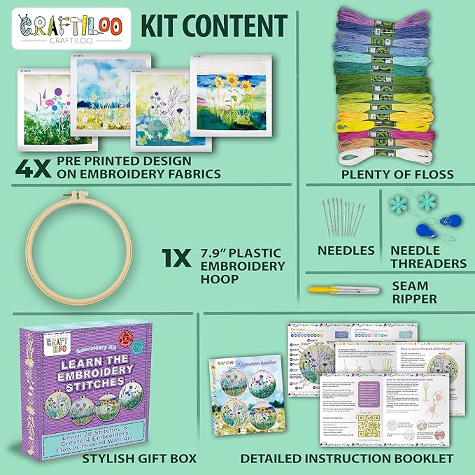 CRAFTILOO Embroidery Kit for Beginners Adults — 4 Floral Stamped Patterns, Learn 17 Stitches | Complete Needlepoint Kit with Hoop, Needles, Thread & Video Tutorial | Embroidery Kits for Adults Women