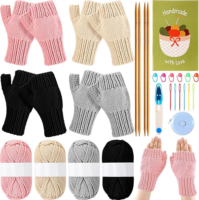 Maasechs 4 Pairs Knitting Kit for Beginners Adults Learn to Knit Gloves Hat Scarf Complete Knitting Crochet Starter Kit with Yarn Needles Stitch Markers Instruction Craft DIY Gift for Women Men Winter