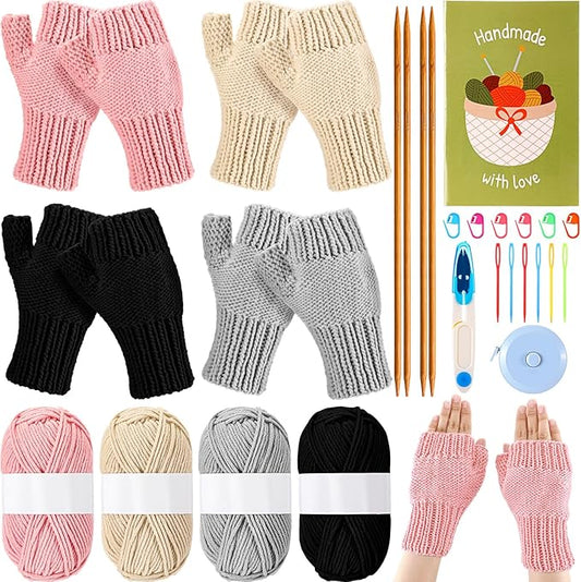 Maasechs 4 Pairs Knitting Kit for Beginners Adults Learn to Knit Gloves Hat Scarf Complete Knitting Crochet Starter Kit with Yarn Needles Stitch Markers Instruction Craft DIY Gift for Women Men Winter