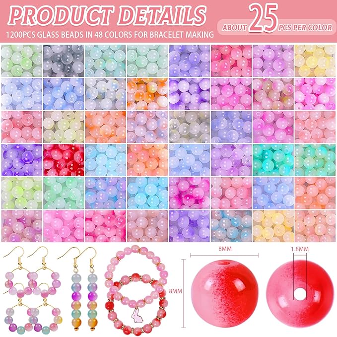 Wuollgess 1700Pcs 8mm Glass Beads for Jewelry Making, 48 Colors Crystal Beads for Bracelet Making Kit Round Beads DIY Craft for Teen Adults, 2 Box