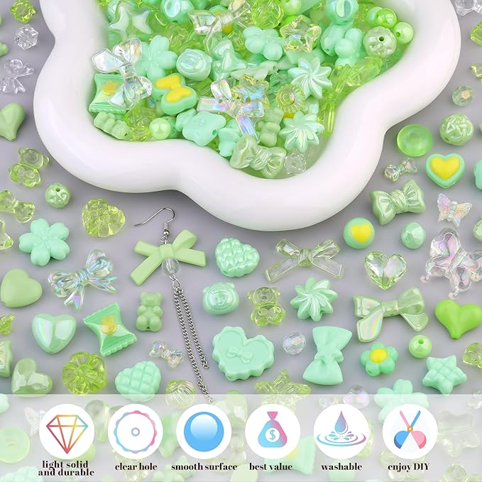 200-260pcs tinkrstuff assorted acrylic beads green cute beads for bracelet making, bow aesthetic gummybear flower candy butterfly kawaii charms for jewelry making diy necklace keychain phone charm