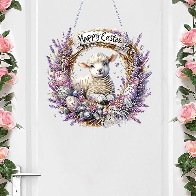 VODAPYC Easter Diamond Art Hanging Kits for Adults, DIY Double Sided Partial Special Shaped Diamond Painting Window Pendant Ornament(Happy Easter Sheep)