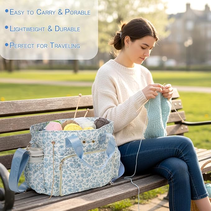 SilTriangle Large Blue Floral Quilted Crochet Knitting Bags and Totes Organizer Cotton Yarn Hook Bag Holder Christmas Corduroy Gift for Crochet Lover Crocheting Accessories, Needle with Zipper, Size L