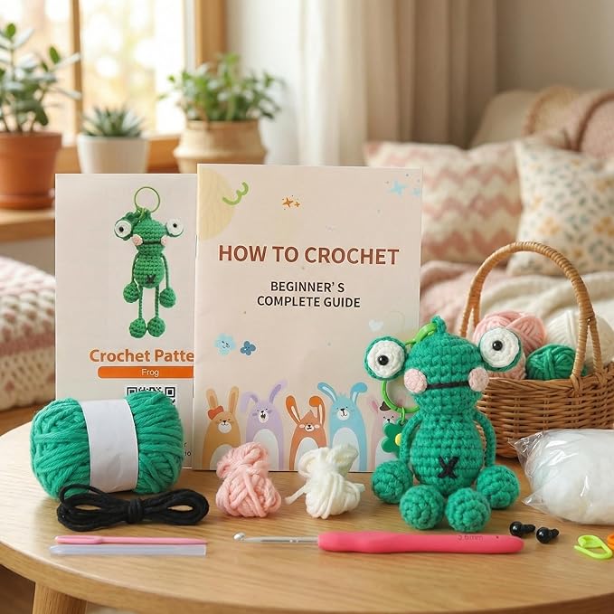 minimal beee Beginner Crochet Kit for Frog Keychain- Complete DIY Animal Craft Set with Easy Peasy Yarn and Step-by-Step Video Tutorial.Gift Hobby for Adults