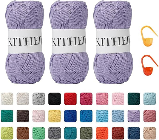 Cotton Chainette Yarn,4 Medium (Worsted)-10oz,3 Pack,Knitting Yarn for Beginners,Thicker for Crocheting and Knitting (29 Lavender)
