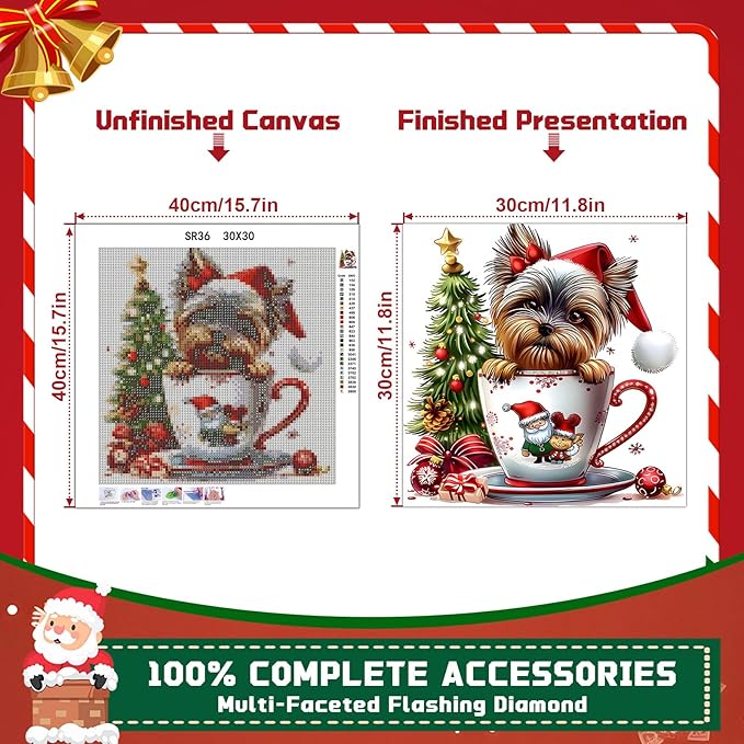 EMIEAUFG Christmas Diamond Art Kits for Adults, Christmas Dog Cup Diamond Paiting Kit for Beginners, 5D DIY Round Full Drill Craft Diamond Dot Gem Art, Home Wall Decor 12" x 12"