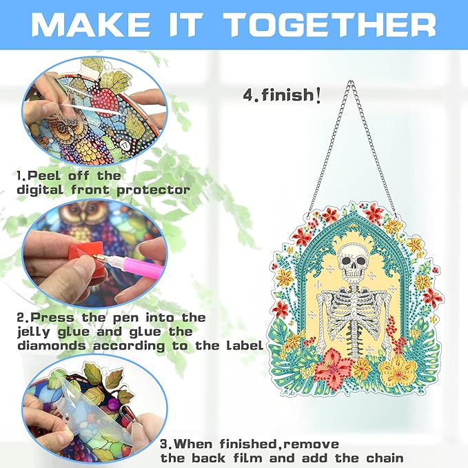 VAIIEYO Skull Diamond Art Hanging Ornament, Flower Diamond Painting Suncatchers Window Hanging Kit with Chain, 7.5x7.5 inch Crystal Pendant Art Craft for Gift Home Wall Front Door Decoration