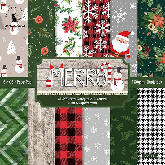 YASMEN Scrapbook Paper Pad 6"×6" - 24 Sheets Christmas Scrapbooking Supplies Kit, Single-Sided Patterned Cardstock Pads for Card Making, Designer Planner Journals, Background Borders, Greeting Cards