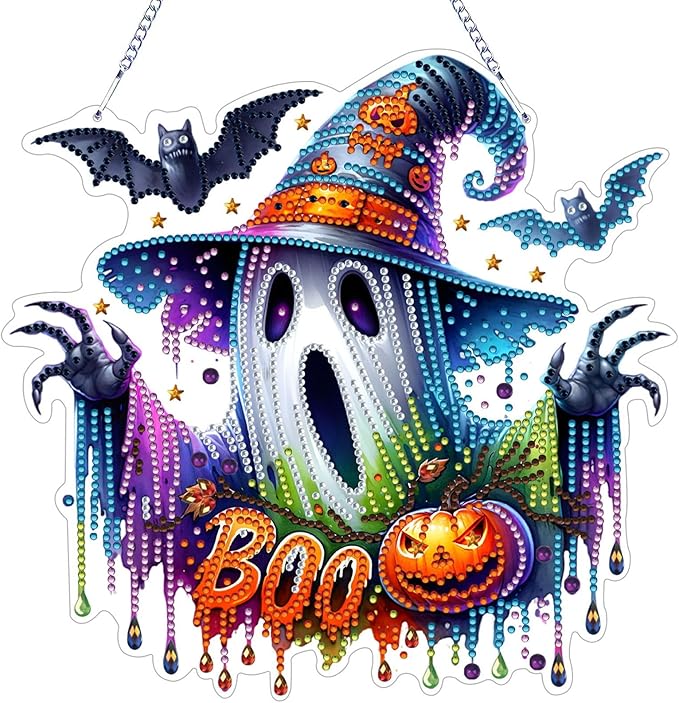 VODAPYC Halloween Diamond Art Hanging Kits for Adults, DIY Double Sided Special Shaped Diamonds Art Window Pendant Ornament for Home Decor(Ghost)