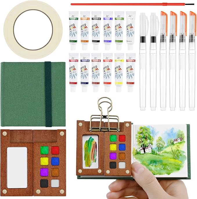 Mini Portable Watercolor Palette Set–Complete Travel Watercolor Set with 12 Watercolor Paints, Wooden Grid Paint Box, Mini Sketch Book, Masking Tape, 6 Brush Pens & Binder Clips