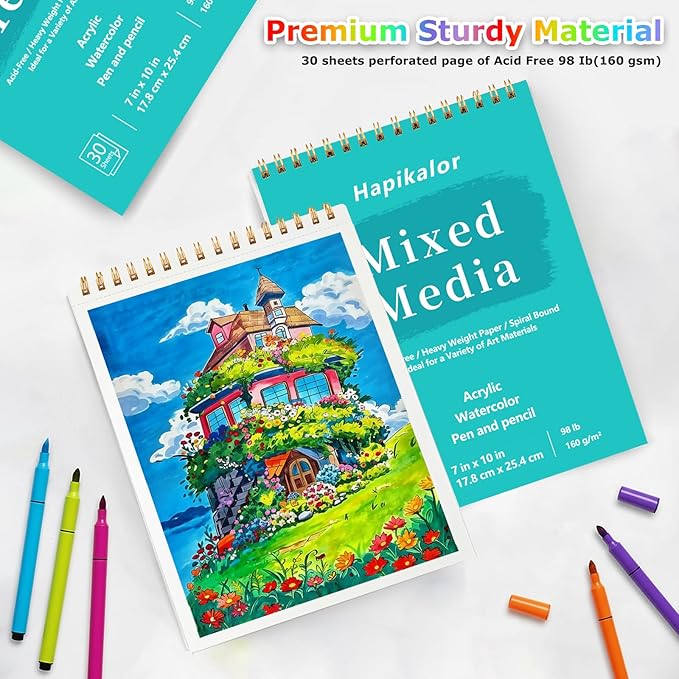 sketch book mixed media pad - 7" x 10" top spiral bound sketch pad, 30 sheets 98lb/160gsm acid-free drawing paper, art supplies sketchbook for drawing, sketching