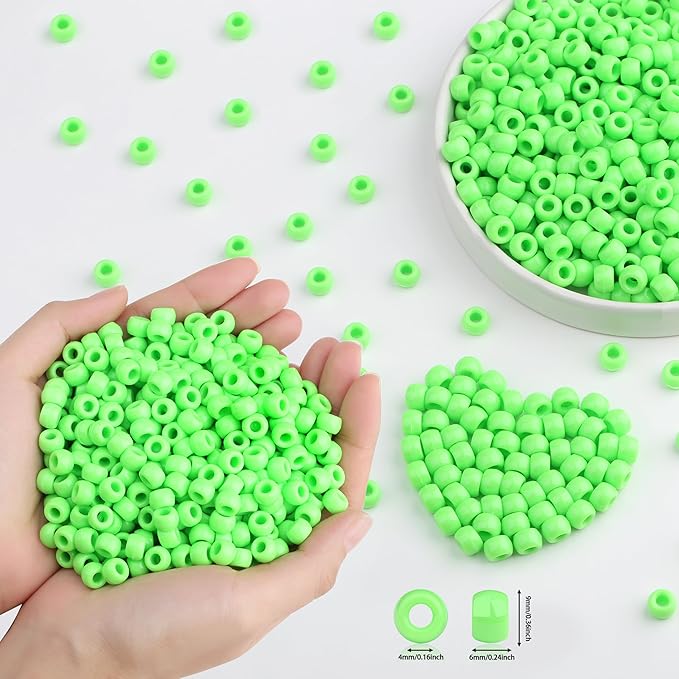 1000 Pc Boxed Fresh Green Pony Beads Bulk, 9MM Plastic Craft Beads with Large Hole, Green Hair Bead for Braids, Bracelet Bead for Jewelry Making