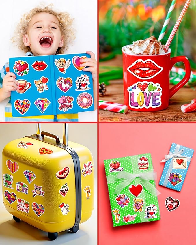 100pcs valentines stickers for kids, bulk heart stickers for valentines day gifts for kids classroom school exchange, vinyl decals, crafts, party favors, goodie bags decorations