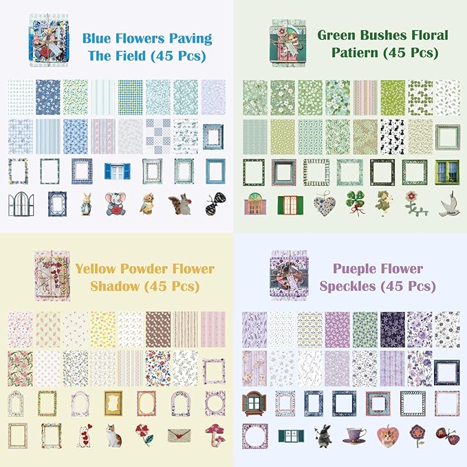 180 Pcs Floral Scrapbooking Paper & Animal Stickers, Embossed Scrapbook Window Frames, 4 Packs Junk Journal Scrapbooking Supplies Kit for Journaling, Embellishments, Card