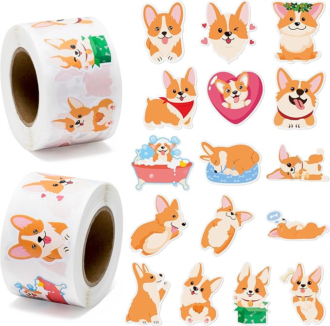 beyumi cute corgi roll stickers - 1000pcs corgi stickers in 2 rolls waterproof vinyl cute fancy pets dogs animal decals for cars phone laptop bottle notebook luggage computer envelope decor for kids