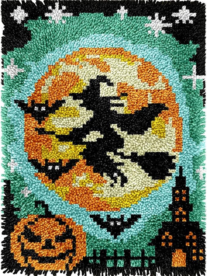 veirousa Halloween Flying Witch Latch Hook Kits for Adults Kids Beginners Pumpkin DIY Latch Hook Rug Kit Pre-Printed Hook and Latch Carpet Making Kits Cross-Stitch Wall Hanging Crochet Set 15x20 Inch