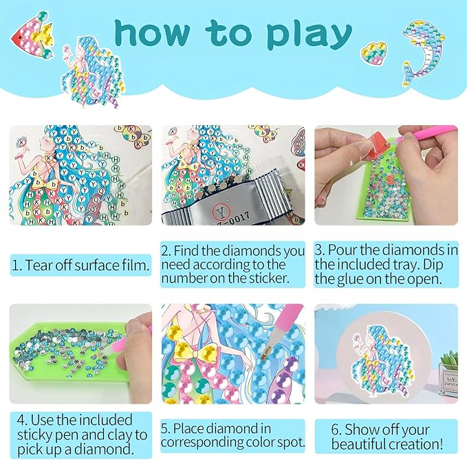 Viicoor 33 PCS Mermaid Diamond Painting Sticker Kit Summer DIY Art Craft for Girls (Mermaid-33P)