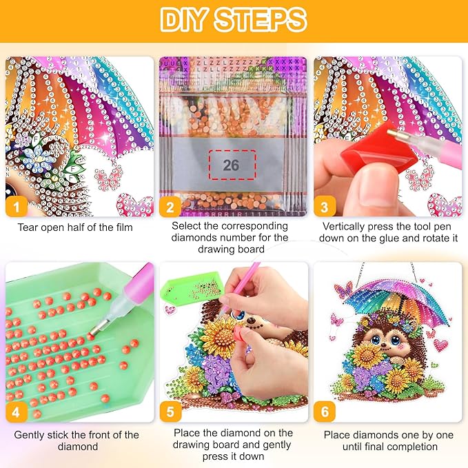 QENSPE Diamond Painting Art Hanging Kits for Adults, 5D Cute Hedgehog Special Shape Diamond Paingting Ornaments with Chain, DIY Sunflower Crystal Window Pendants for Home Wall Decor Gifts 8X8 inch