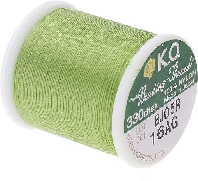 KO Nylon Beading Thread, Apple Green Color, Japanese Pre-Waxed 100% Nylon, 330TEX, Tangle Resistant Knotting Cords, 50m /55 yds Spool, Use for Seed Bead Projects, Loom Work & Bead Weaving