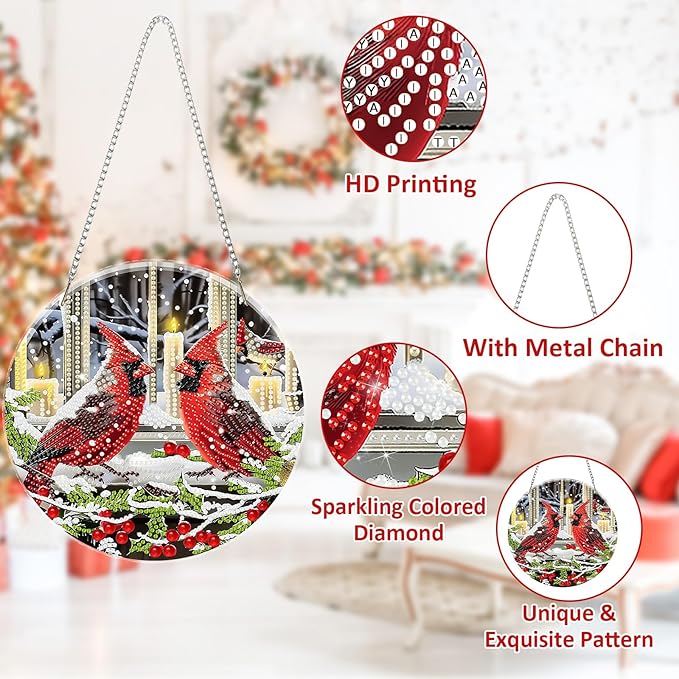SENQAO Christmas Diamond Art Hanging Kits for Adults, Cardinal Diamond Art Suncatchers, 5D Special Shape Diamond Painting Pendant Window Ornament Gifts for Home Door Wall Decor