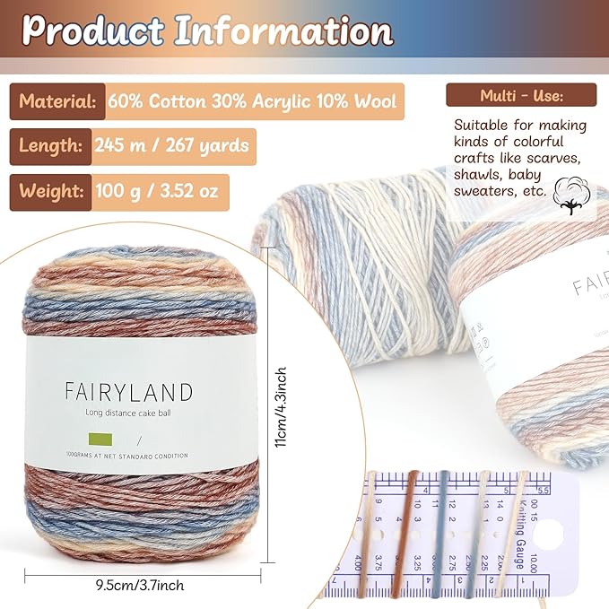 Aeelike Cake Yarn for Crocheting, 3 Skeins Gradient Cake Yarn 100g (3.52 oz) 245m (267 Yards), Super Soft Ombré Yarns Cake Rainbow Cotton Yarn for Making Colorful Crafts, Khaki Gradient
