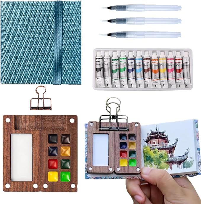 Aimery Mini Watercolor Paint Travel Set, Portable Small Miniature Pocket Water Color Painting Kit with Wooden Palette & Sketchbook(Blue)