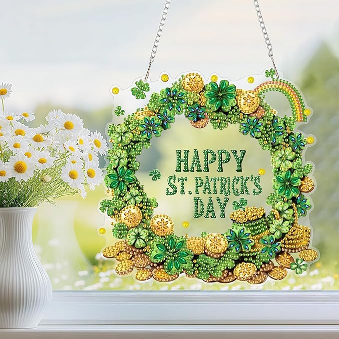 NEWENMO Diamond Art Kit for Adult, Happy St. Patrick's Day, Diamond Art Painting Double Sided Window Pendants for Home Garden Wall Hanging, DIY Special Shaped Gem Hanging Ornaments, Lucky Gold Coin