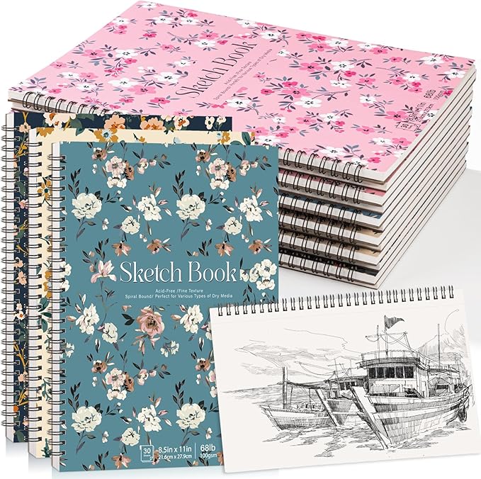12 pack sketch book, 8.5 x 11inch sketchbook, 68lb/100gsm top spiral bound sketch pad, acid free art supplies drawing painting sketching paper for woman artists (30 sheets each)