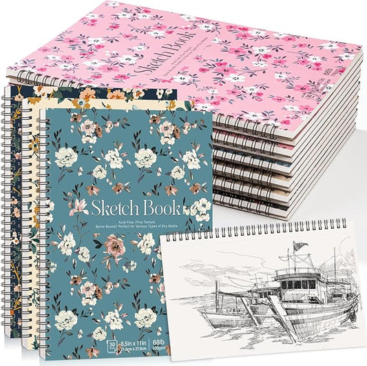 12 pack sketch book, 8.5 x 11inch sketchbook, 68lb/100gsm top spiral bound sketch pad, acid free art supplies drawing painting sketching paper for woman artists (30 sheets each)