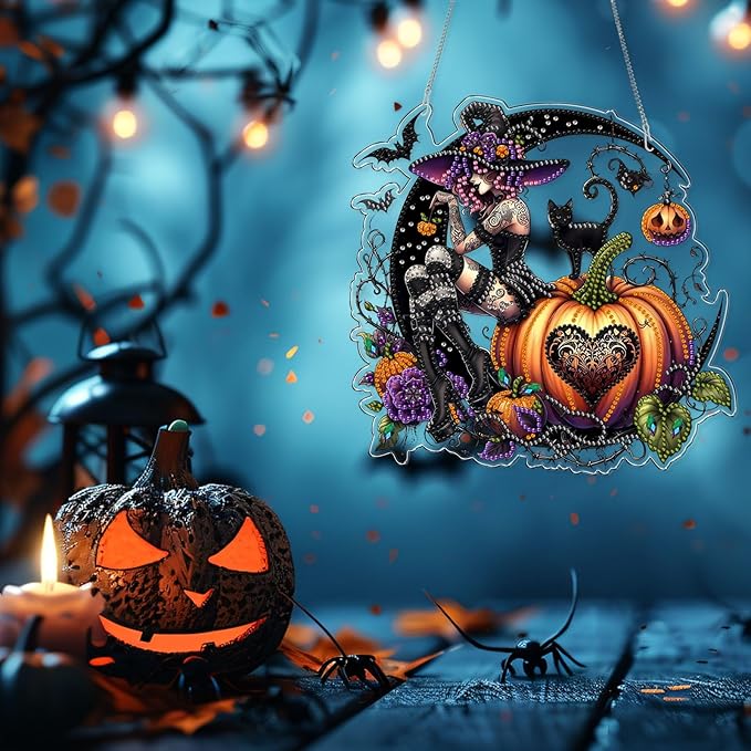 VODAPYC Halloween Witch Diamond Art Hanging Kit for Adults, DIY Double Sided Special Shaped Diamonds Art Window Pendant Ornament for Home Decor(Halloween Witch)