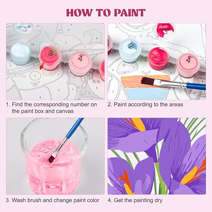 MXJSUA 4 Pack Tulips Flowers Framed Paint by Numbers Kit with Canvas for Adults Beginner, DIY Acrylic Oil Painting Kits with Brushes for Home Wall Decor Gift (8x8 inch)
