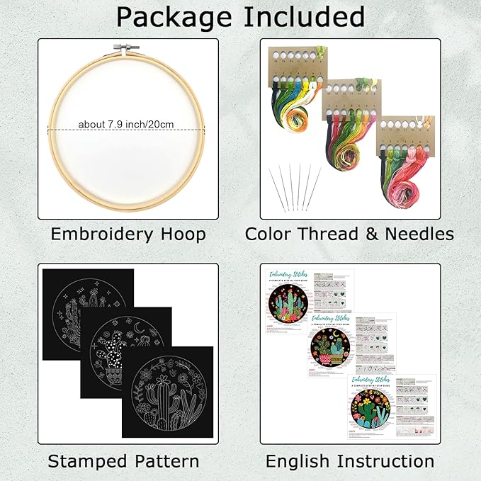 Nuberlic 3 Pack Embroidery Kit for Beginner Adults, Stamped Cross Stitch with Cactus Patterns Include 3 Hoop, Cloth Thread Needles and Instructions