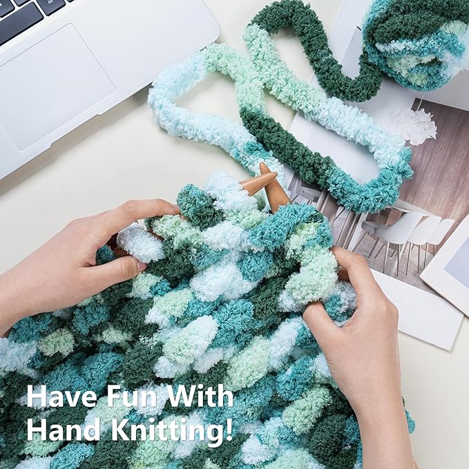 Chunky Yarn for Hand Knitting - #10 Chunky Chenille Blanket Yarn, Jumbo Big Thick Chunky Yarns for Crocheting, Tie Dye Bulky Knit Yarns, 8 Skein (25 yds 8 oz Each Skein), Forest&Teal&Sky&Mint