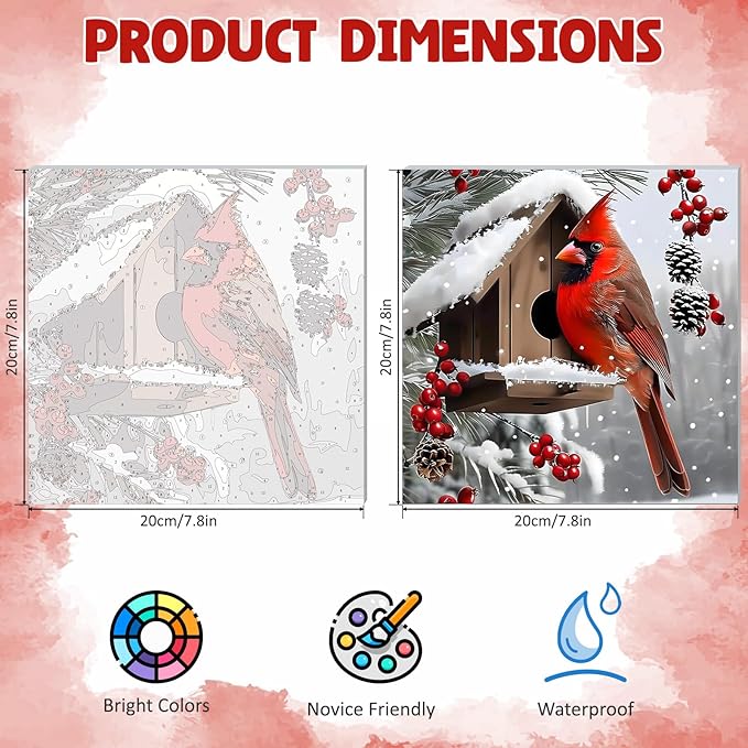 DOMROM 4 Pack Framed Paint by Numbers Cardinal for Kids Beginners, Adult Paint by Number Kits Bird on Canvas, Acrylic Number Painting Christmas Craft Kits for Gift Home Decor 8x8in