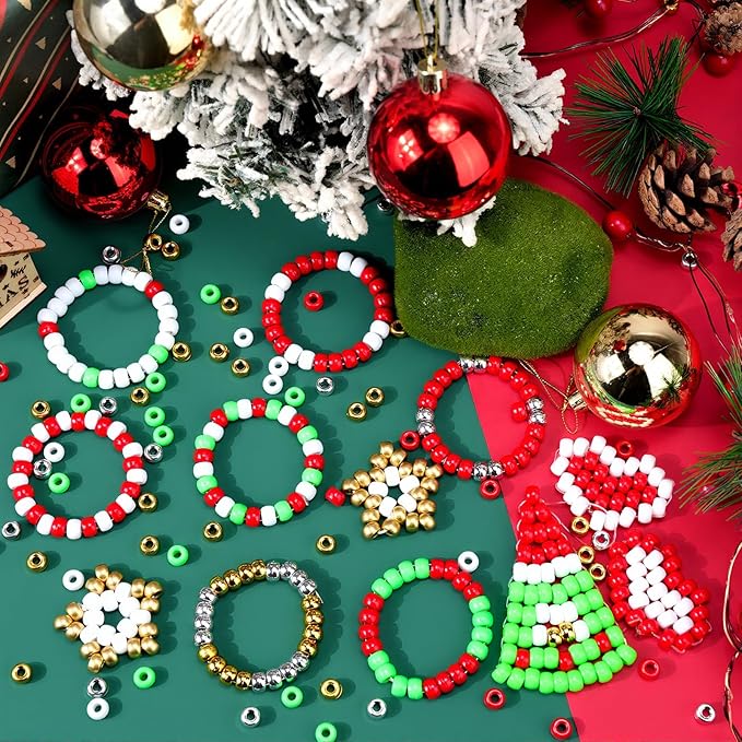 1000PCS Christmas Pony Beads Bulk – 6x9mm Red Green White Gold Silver Kandi Beads for Bracelets, Hair Braids, Jewelry Making, Crafts & DIY Holiday Decorations
