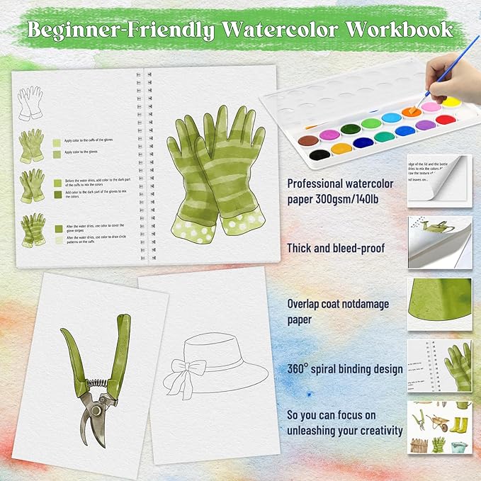 Beginners Watercolor Workbook for Adults -Step-by-Step Coloring Book Set-12 coloring book pages - Includes 16 color blocks and a brush - Professional Watercolor Paper: 300gsm/140lb (Garden)