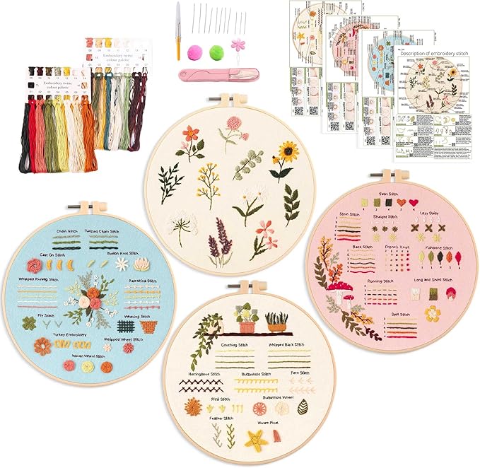 harimau 4p beginner embroidery kit,natural landscape pattern,cross stitch kits, including stamped embroidery cloth with 2 embroidery hoops, multicolor color threads for embroidery kits