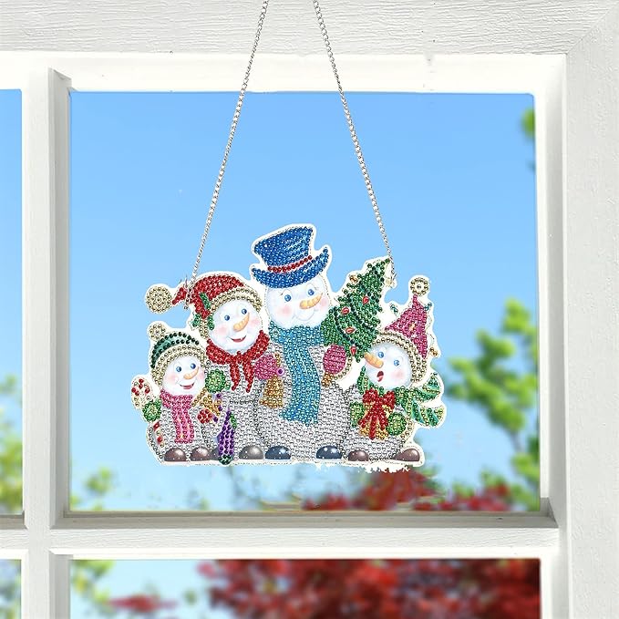 YEESAM ART DIY 5D Rhinestone Painting Christmas Decorations Hanging Kit, Snowman Snow Man Snowmen 20x15cm Rhinestone Art for Wall Door Window Decorations Hanging Mosaic Crafts Ornaments