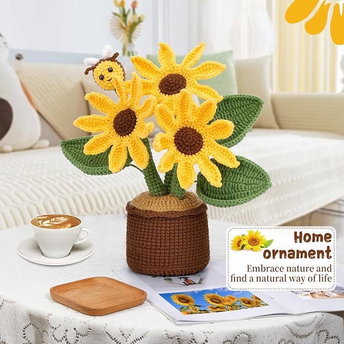 LUNARM Crochet Kit for Beginners, Sunflower Beginners Crochet Kit for Adults, Learn Starters Kit with Video Tutorial, Knitting Yarn, Hook DIY Craft Home Deco, Holiday Birthday Gift