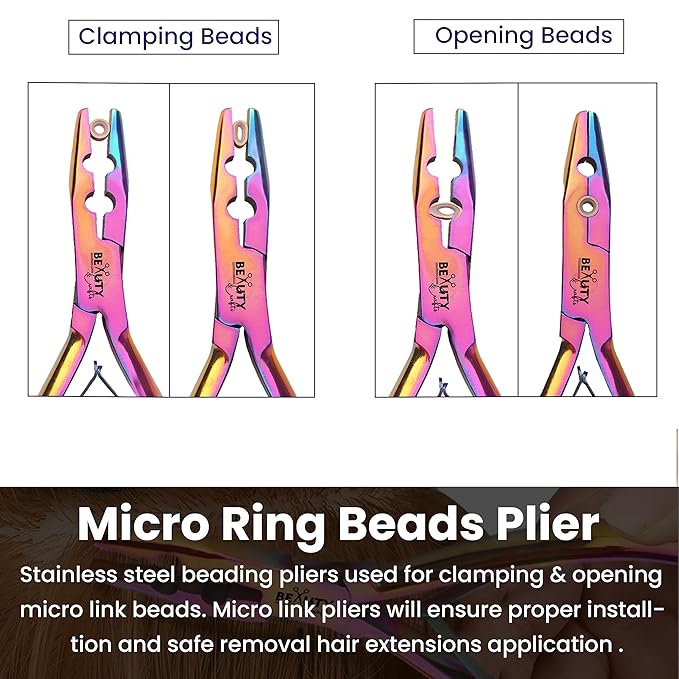 Beauty & Crafts Micro Links Hair Extensions Kit- Stainless Steel Beads Closer and Remover plier, Hair Extensions Loop Needle Pulling Hook, Bead Tool for Hair or Feather Extensions with Leather Pouch