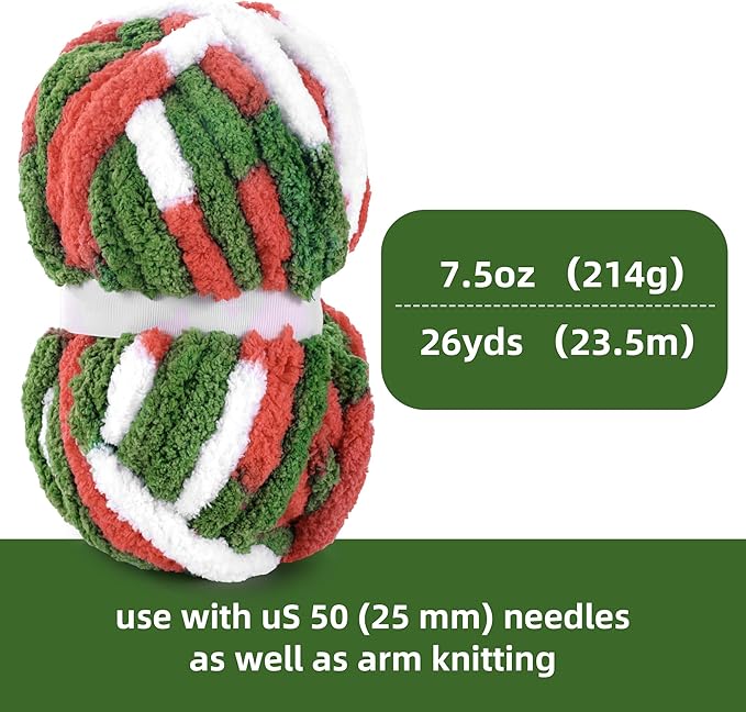 HOMBYS Chunky Tie Dye Mix Chenille Yarn for Hand Knitting, Super Bulky Jumbo Yarn for Crocheting, 3/4" Thick Soft Plush Yarn for Blankets, 8 Skein Pack (26 yds / 7.5 oz Each) Red Green White