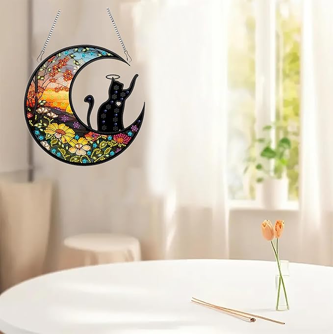 hyzsj DIY Hanging Diamond Art Pendant Painting Kit Moon,Acrylic 5D Painting Window Pendants Cat, Special Crystal Gem Craft Painting Kit Ornament 9.4x9.4inch
