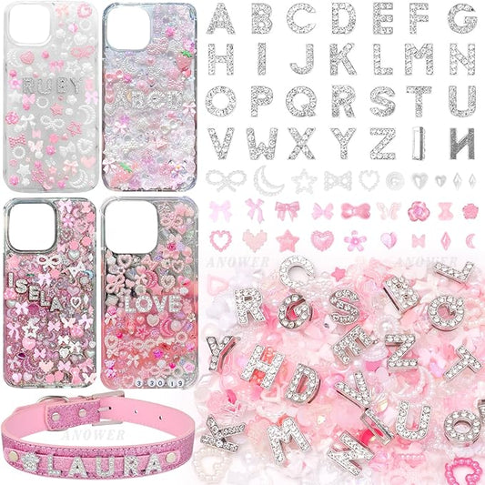 330 Pcs Junk Phone Case Charms 26 Pcs A-Z Rhinestone Alphabet Letter Charm, Mix Pink Color White Flower Bow Heart Pearls Flatback Resin Charms Letter Junk Cases Kit for DIY Crafts