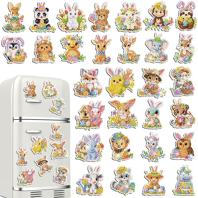 Xuhal 30 Pcs Easter Diamond Painting Magnets Easter Diamond Art Magnet Kits for Adults Bunny Flower Animal Refrigerator Magnetic Sticker Chicken 5D Rhinestone Fridge Sticker for DIY Crafts Fridge Gift