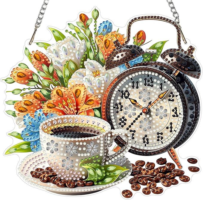 MXJSUA Coffee Floral Clock Diamond Painting Art Window Suncatchers, Diamond Art Kits for Adults Hanging Ornaments with Chain, 5D Special Shape Crystal Diamond Pendant Accessories for Decor Gift
