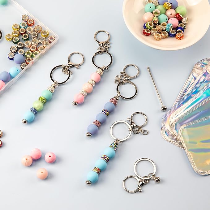 Qoroos 96pcs Beadable Keychains Set Bulk for Keychain Making Kit with Beadable Keychain Bar Silicone Beads Spacer Beads DIY Gifts for Women Men Crafts