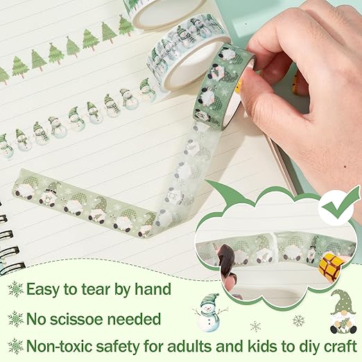 Sage Green Washi Tape - 12 Rolls Christmas Sage Design, Acid Free Residue Free Adhesive Easy Tear DIY Art Crafts for Christmas Gift Wrapping, Scrapbook, Journal Decor, Holiday Projects